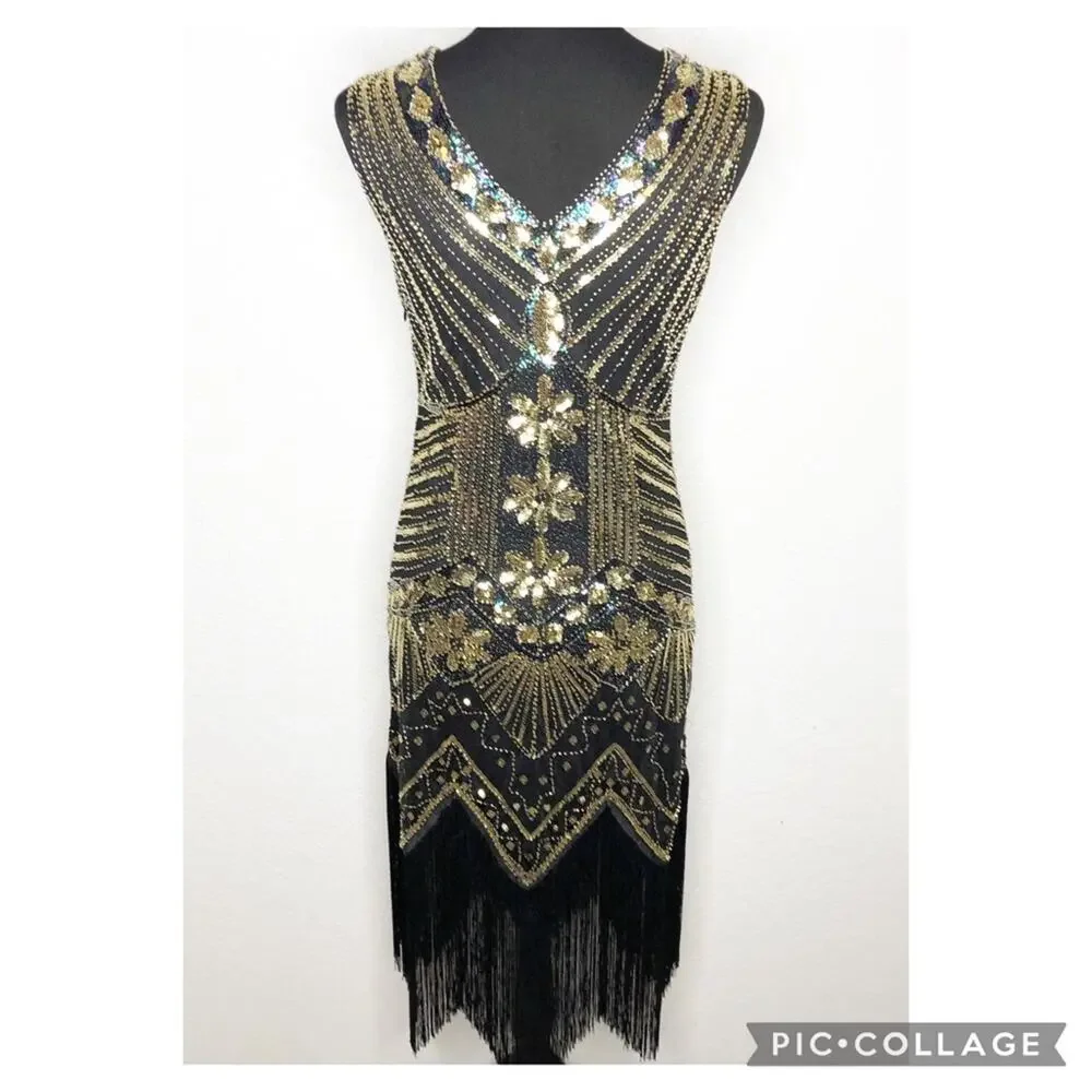 Vintage black gold sequin beaded fringe trim sleeveless midi dress size Small